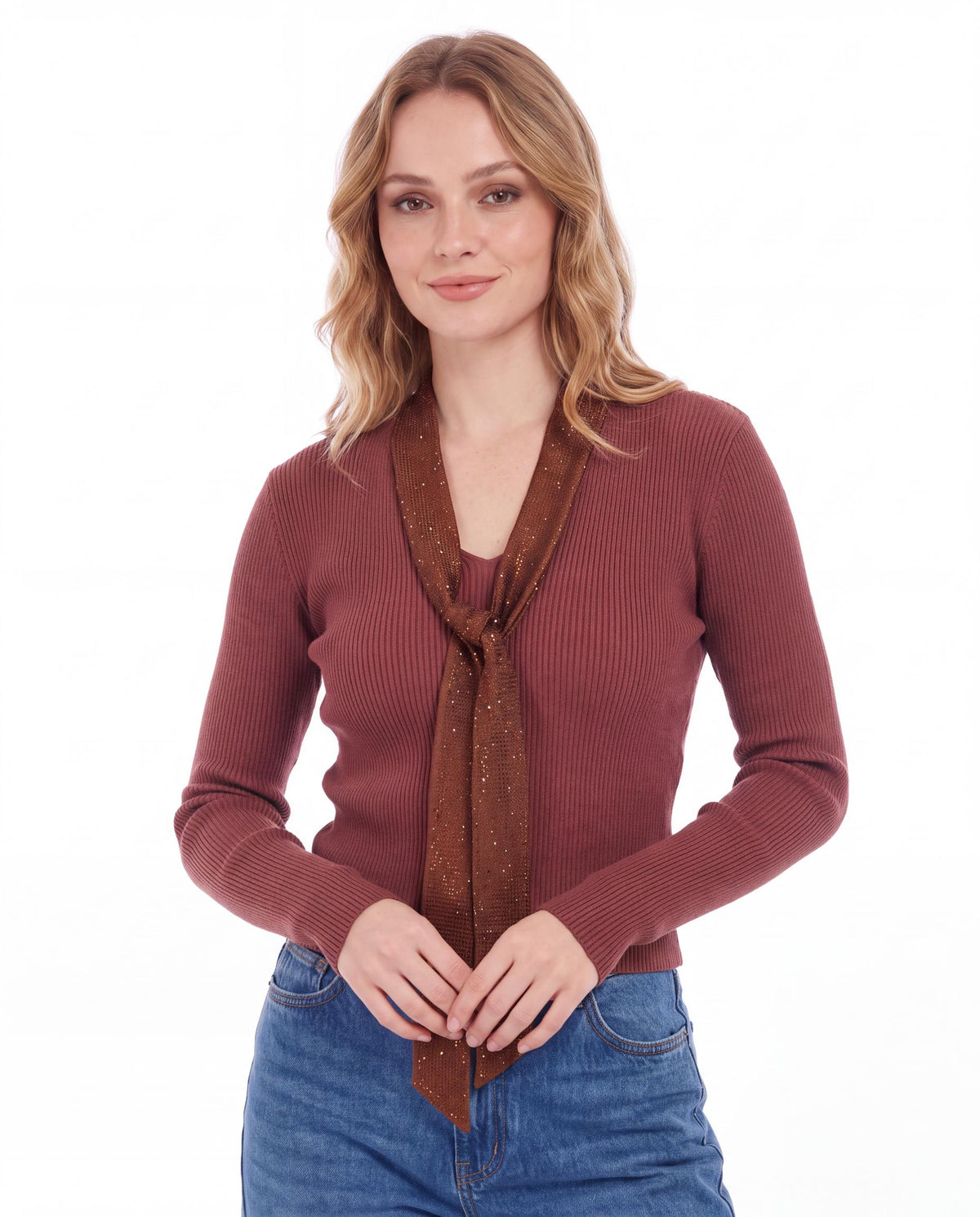 Ribbed Knit Top with Shimmer Tie Scarf Neck