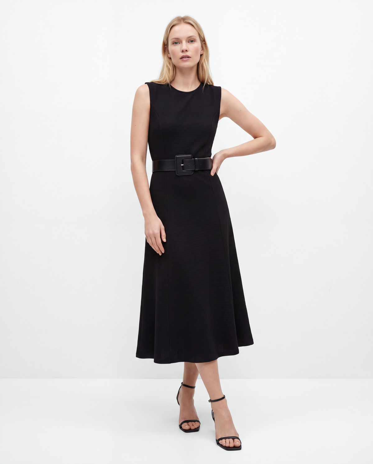 Sleeveless Belted Fit and Flare Midi Dress