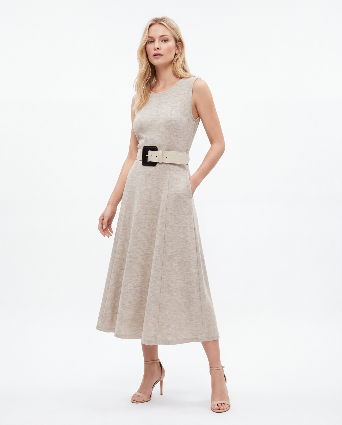 Sleeveless Belted Fit and Flare Midi Dress