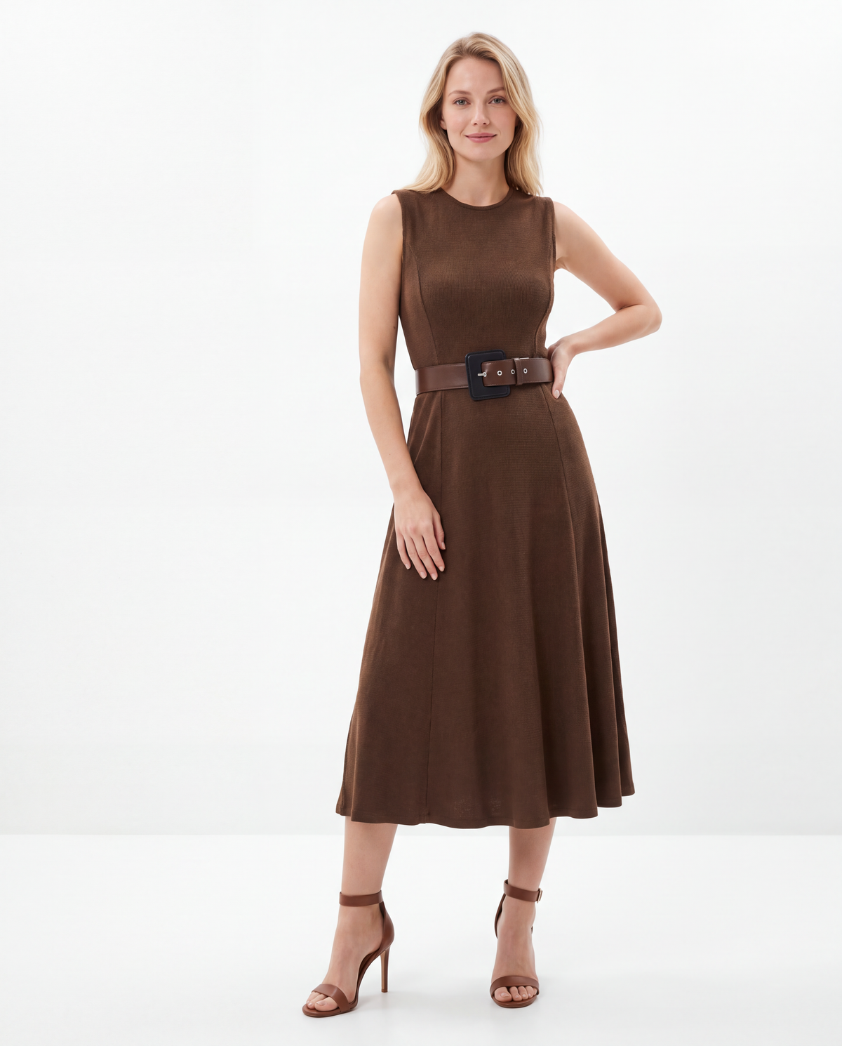 Sleeveless Belted Fit and Flare Midi Dress