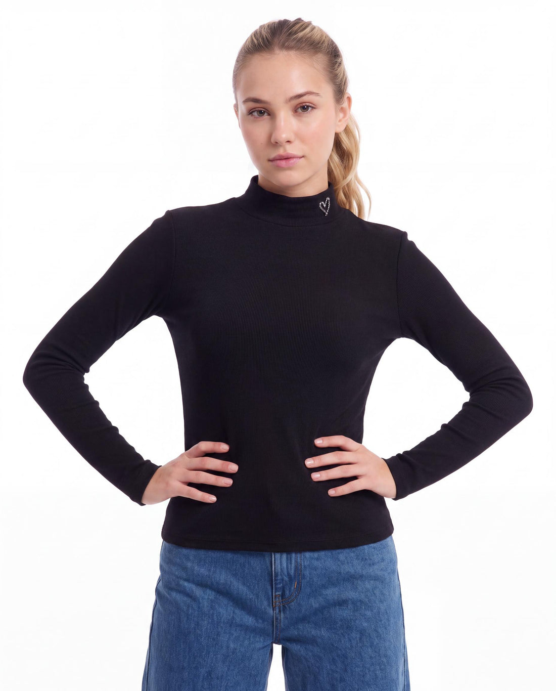 Ribbed Mock Neck Top with Heart Embroidery