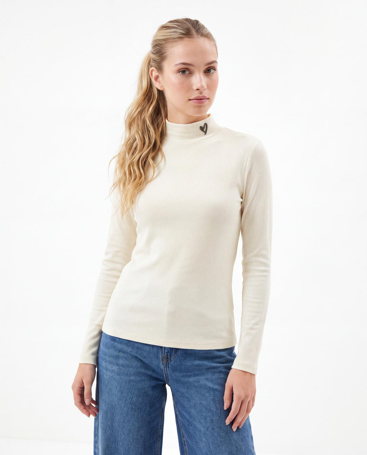 Ribbed Mock Neck Top with Heart Embroidery