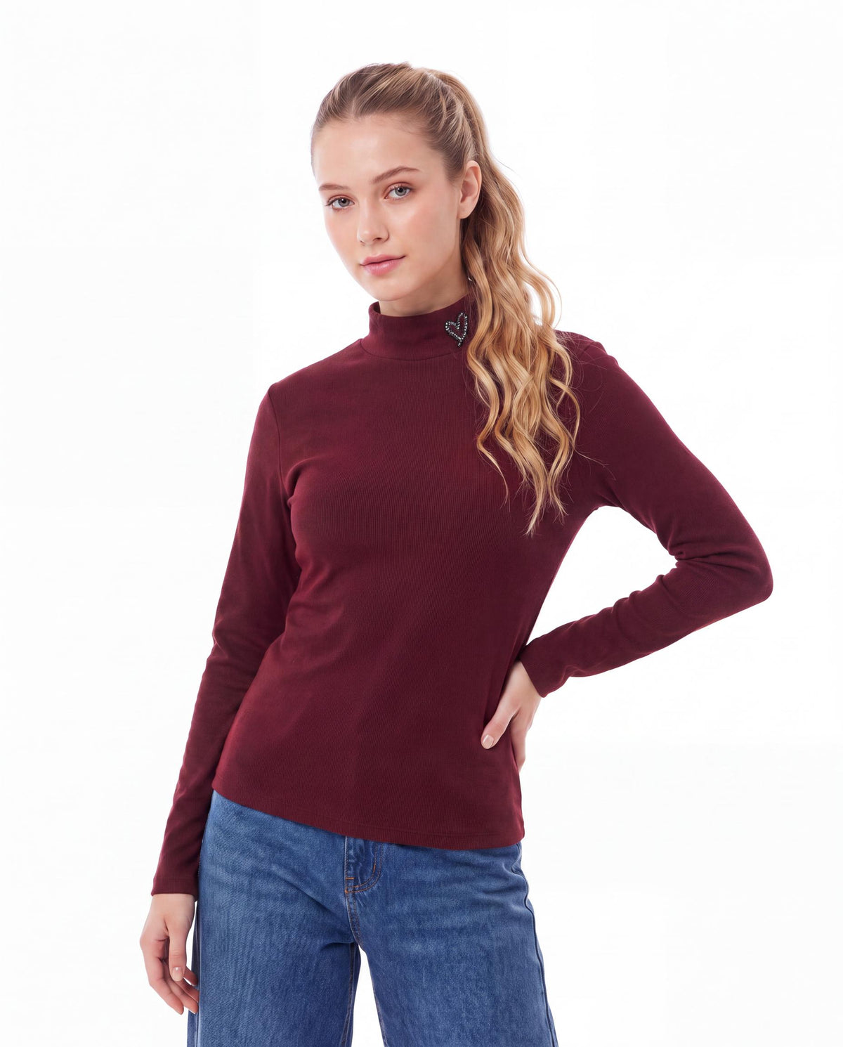 Ribbed Mock Neck Top with Heart Embroidery