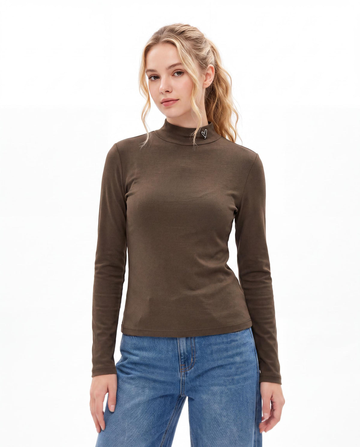 Ribbed Mock Neck Top with Heart Embroidery