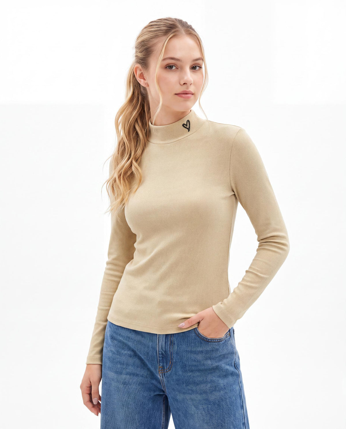 Ribbed Mock Neck Top with Heart Embroidery
