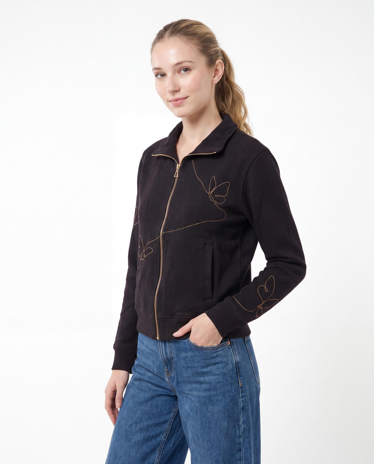 Butterfly Embroidered Zip-Through Sweatshirt