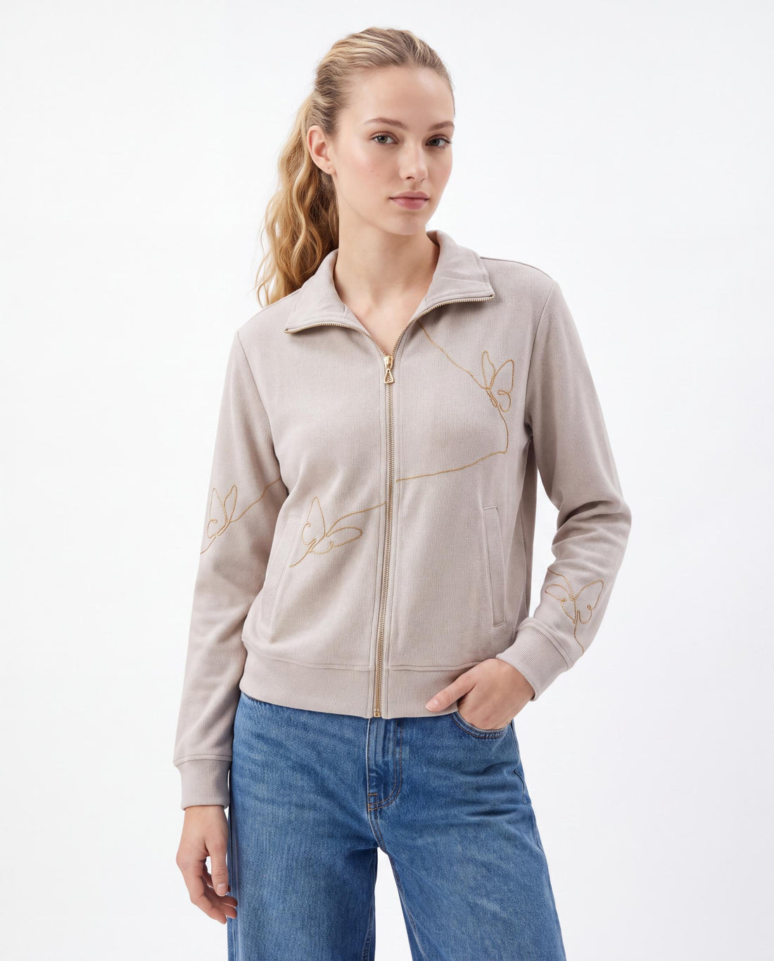 Butterfly Embroidered Zip-Through Sweatshirt