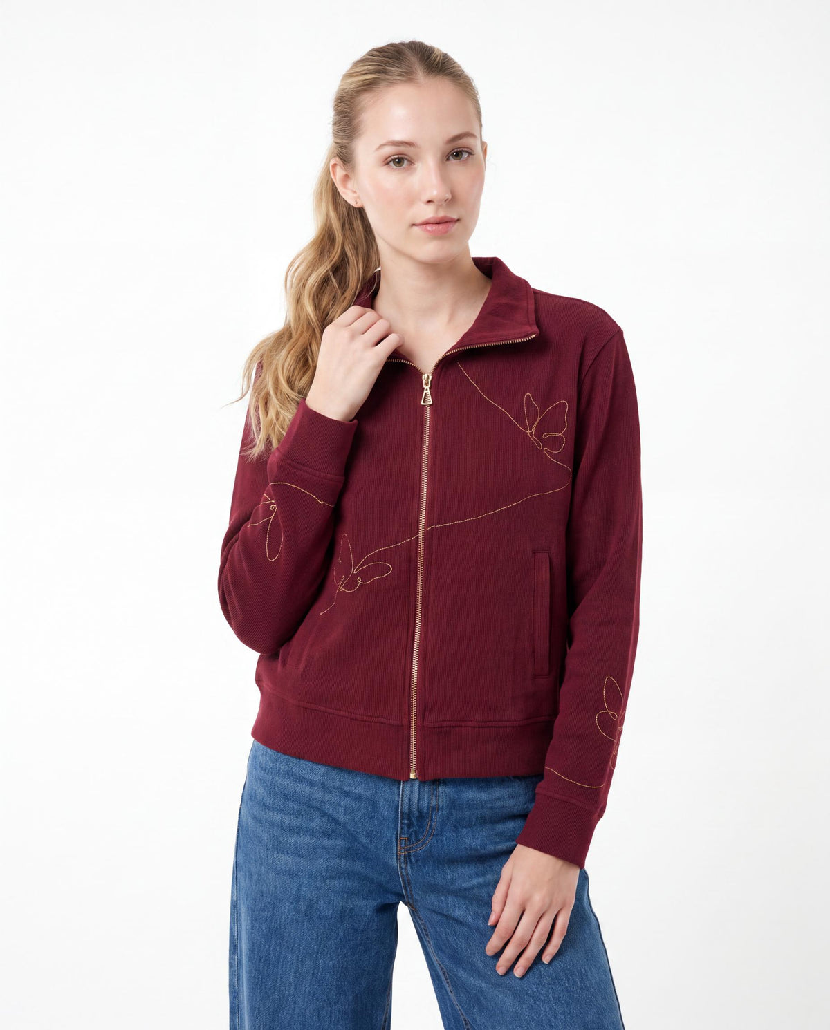 Butterfly Embroidered Zip-Through Sweatshirt