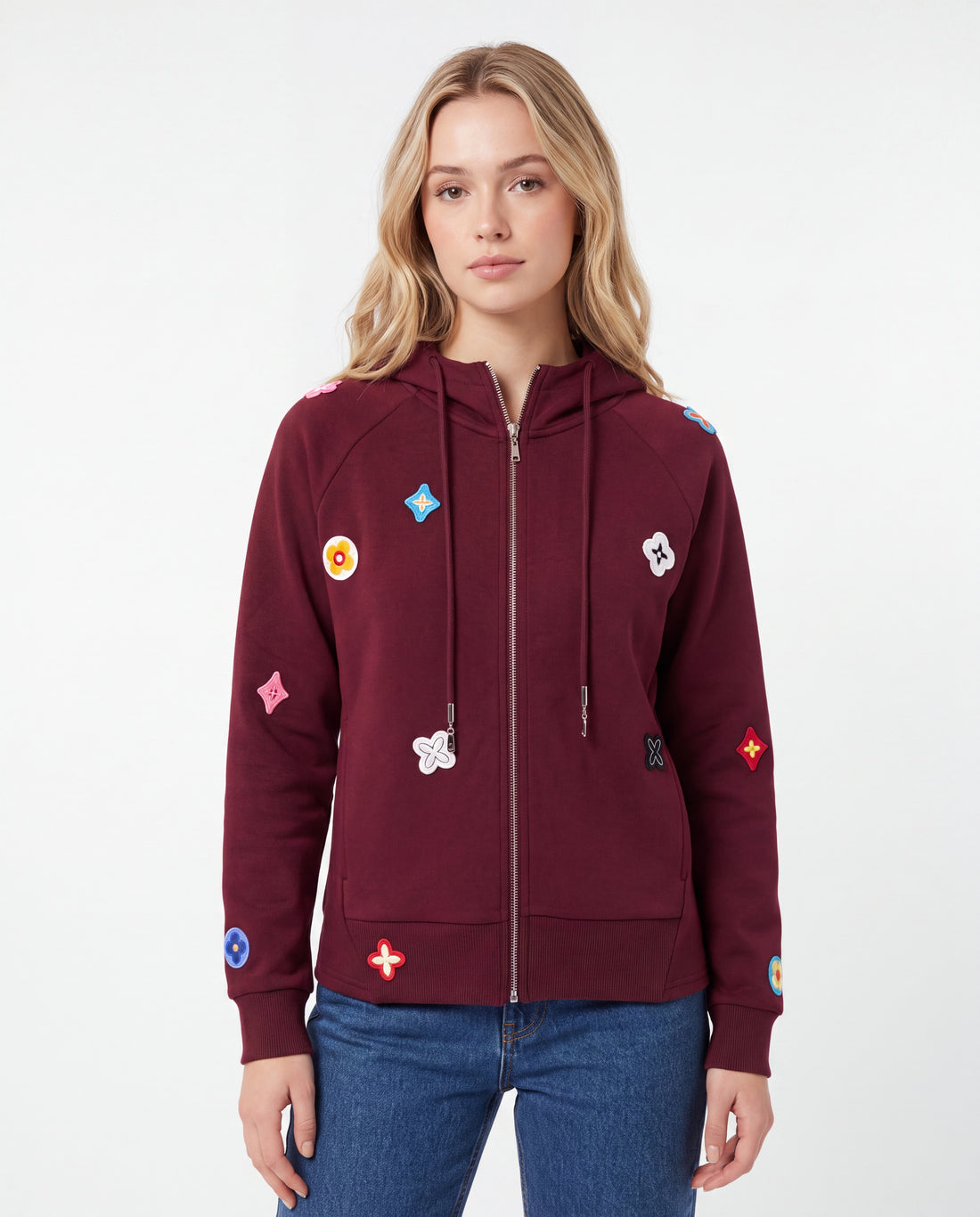 Floral Patch Zip-Up Hoodie