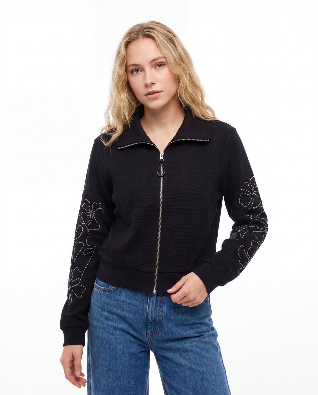 Floral Embroidered Zip-Through Sweatshirt