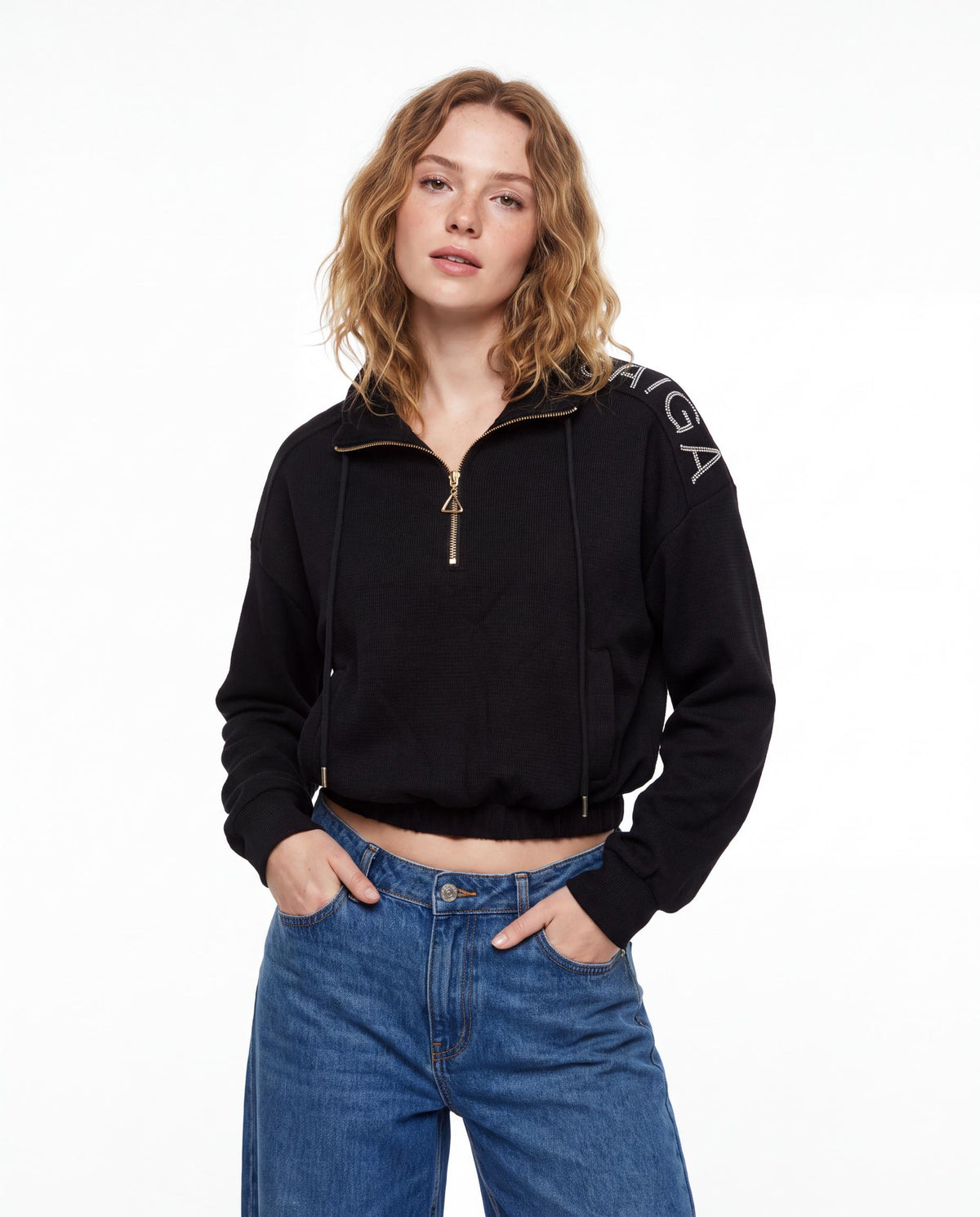 Embroidered Shoulder Half Zip Drawstring Collar Sweatshirt