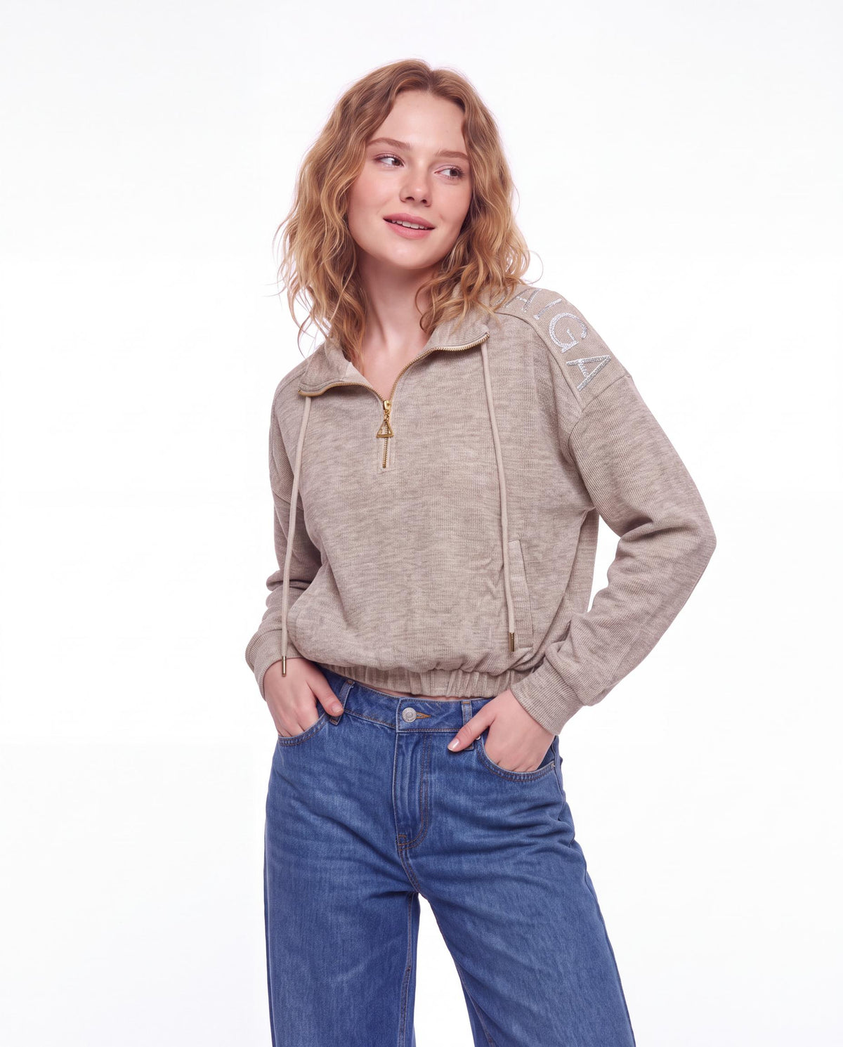 Embroidered Shoulder Half Zip Drawstring Collar Sweatshirt