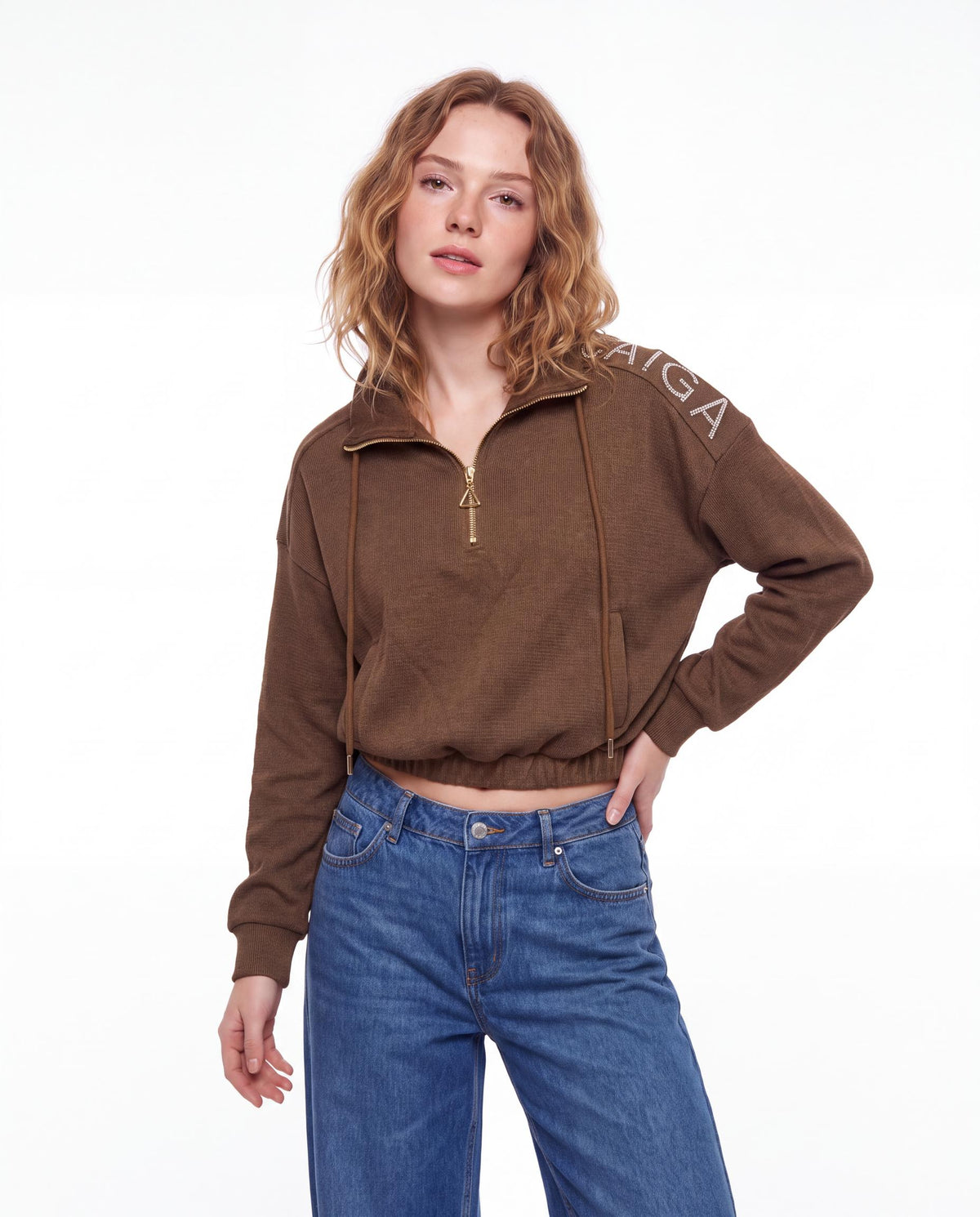 Embroidered Shoulder Half Zip Drawstring Collar Sweatshirt