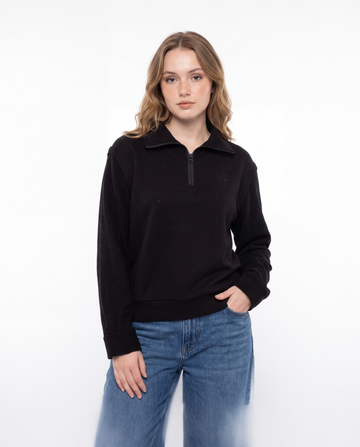 Rhinestone Studded Half Zip Sweatshirt with Ribbed Sleeves