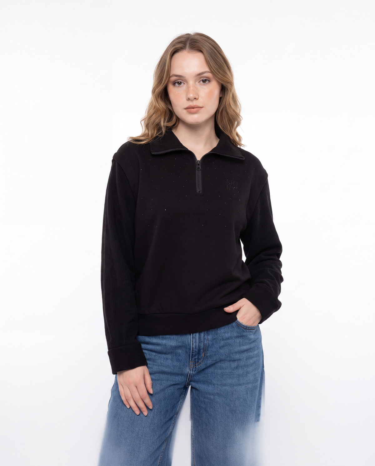 Rhinestone Studded Half Zip Sweatshirt with Ribbed Sleeves