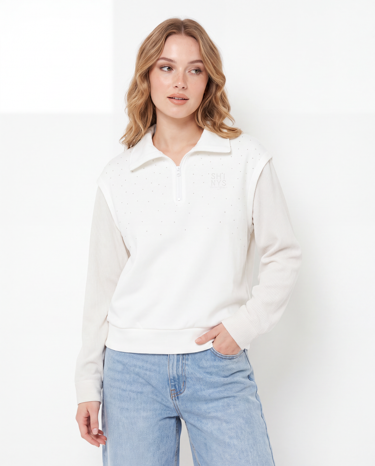Rhinestone Studded Half Zip Sweatshirt with Ribbed Sleeves