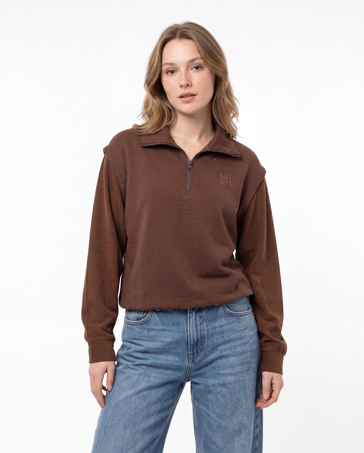Rhinestone Studded Half Zip Sweatshirt with Ribbed Sleeves