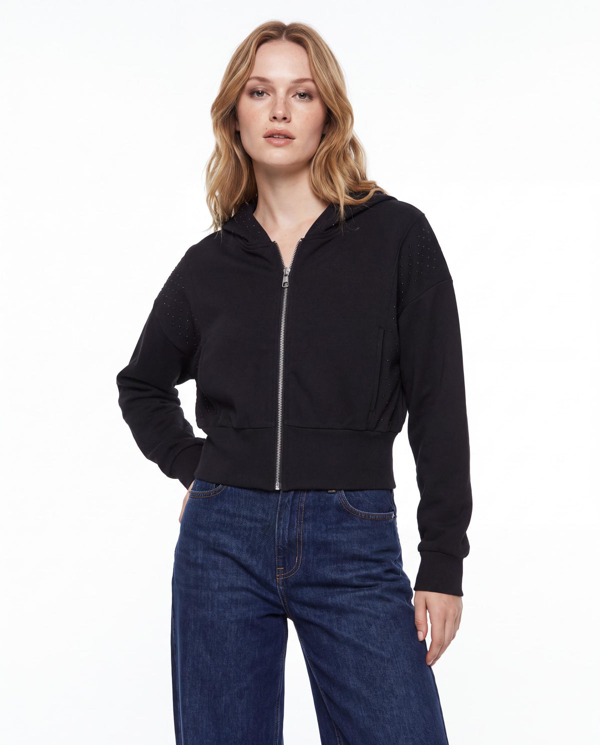 Rhinestone Shoulder Cropped Zip Up Hoodie