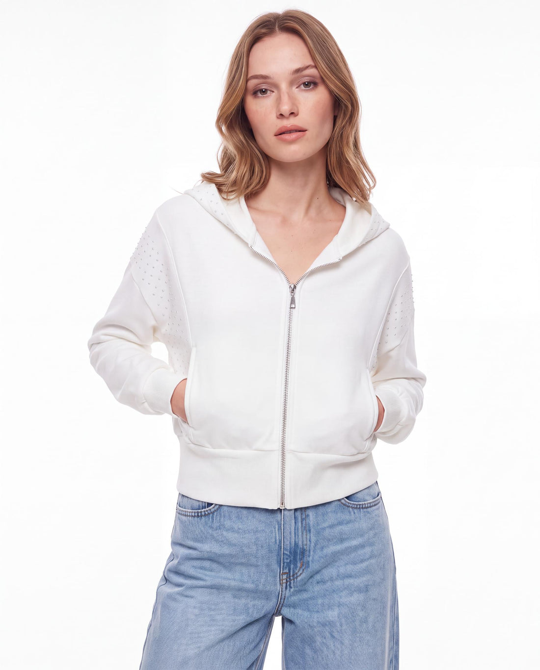 Rhinestone Shoulder Cropped Zip Up Hoodie