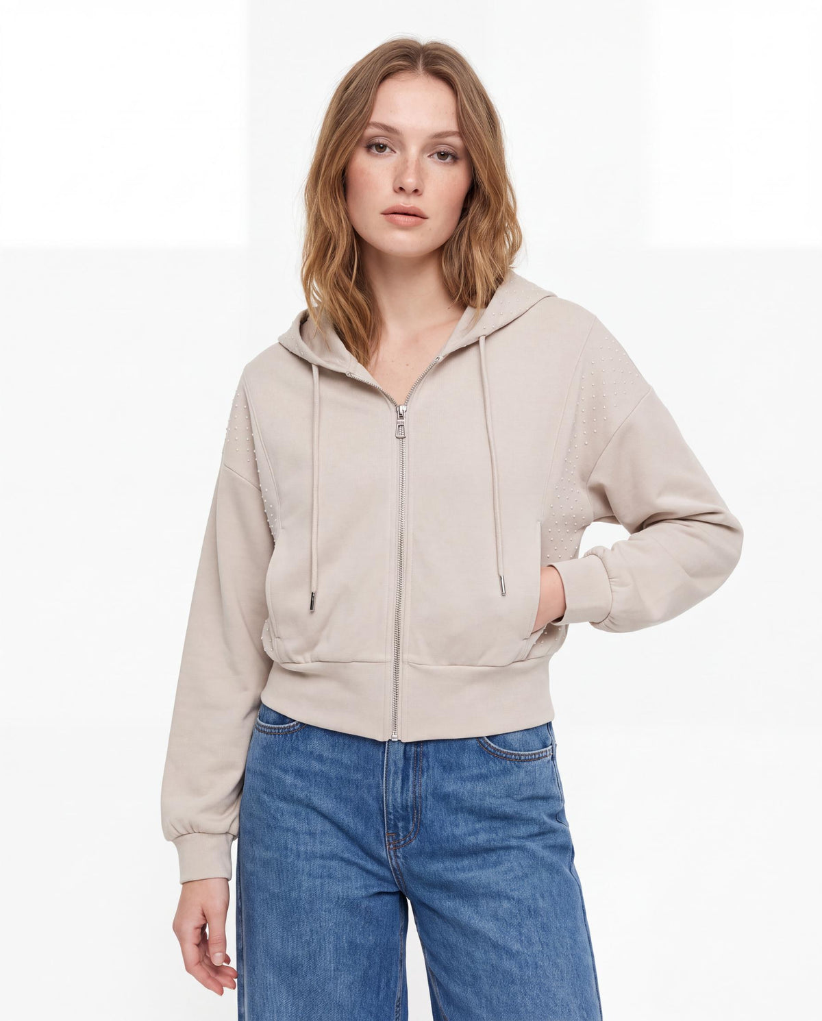 Rhinestone Shoulder Cropped Zip Up Hoodie