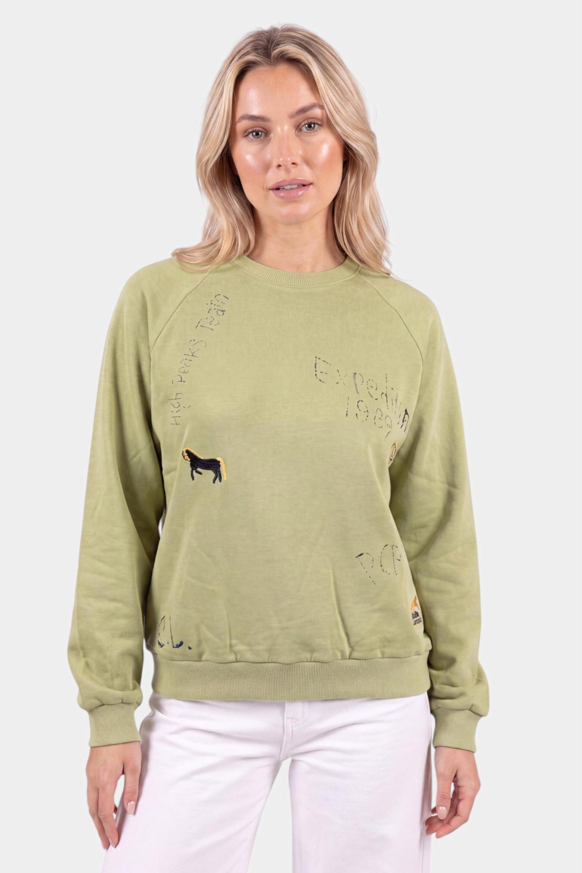 Green Embroidered Graphic Raglan Sweatshirt