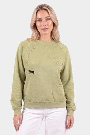 Green Embroidered Graphic Raglan Sweatshirt