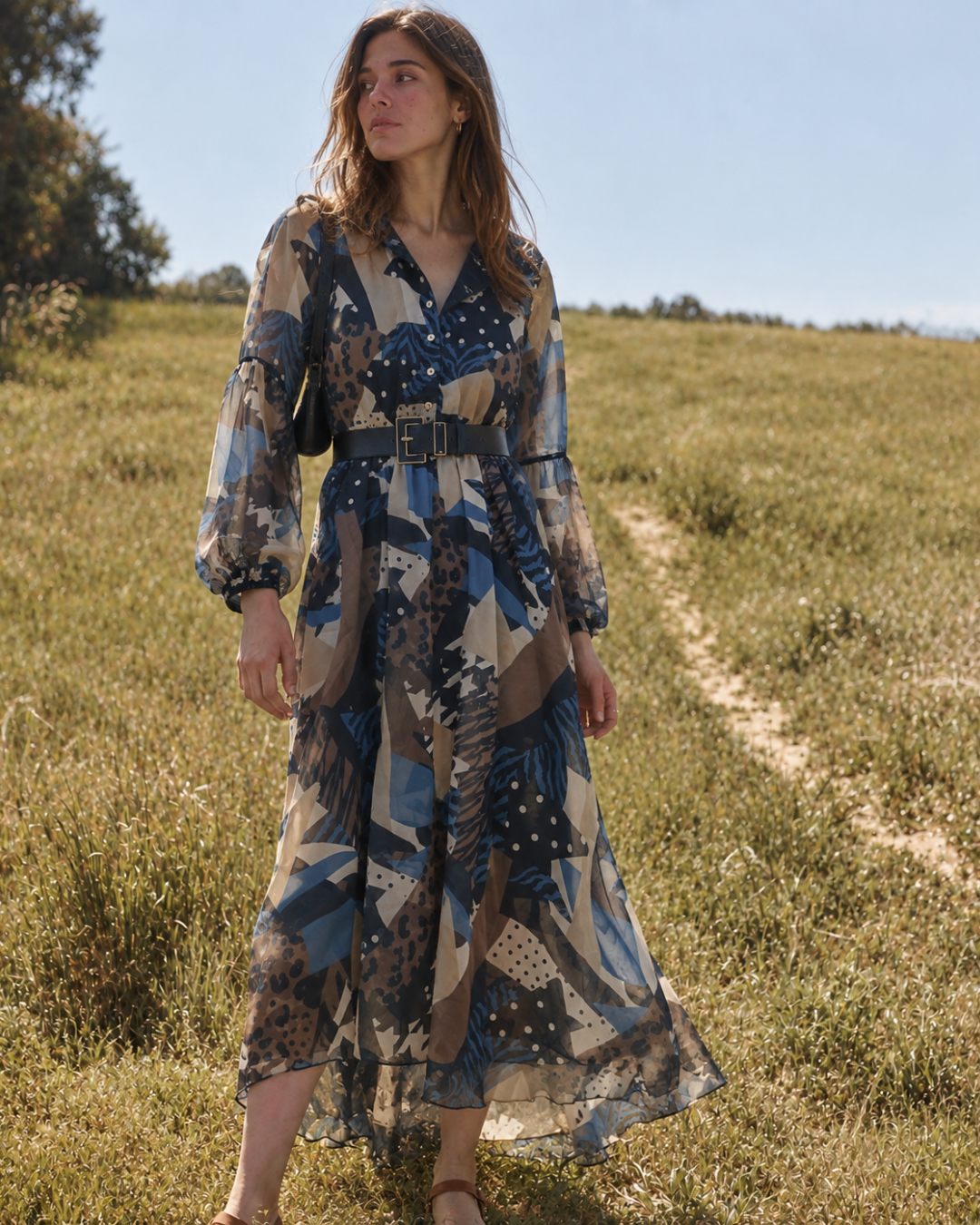 Multicolor Patchwork Animal Print Belted Midi Dress