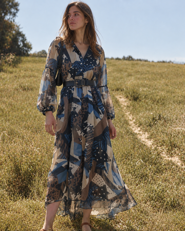 Multicolor Patchwork Animal Print Belted Midi Dress