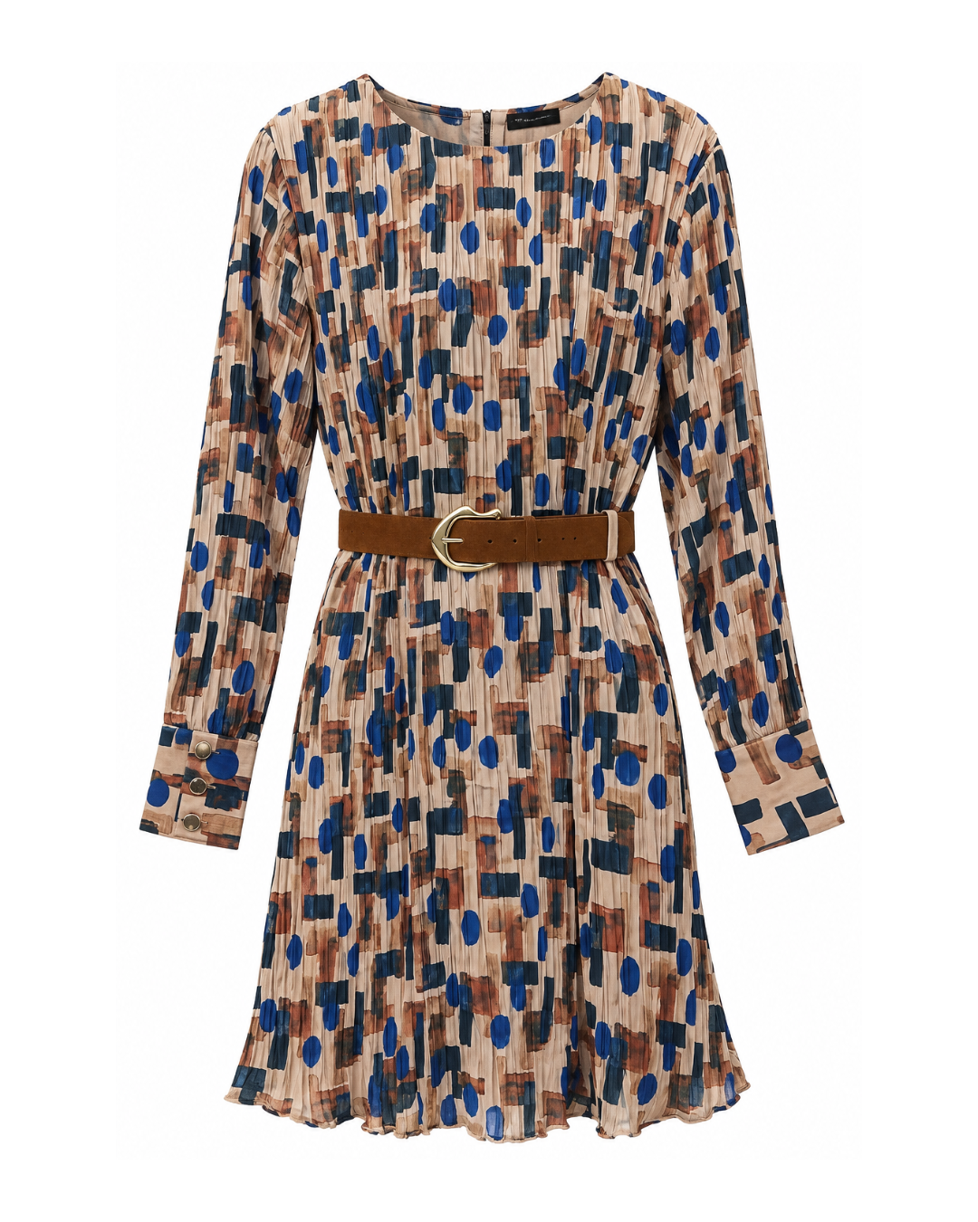 Abstract Print Belted Pleated Mini Dress