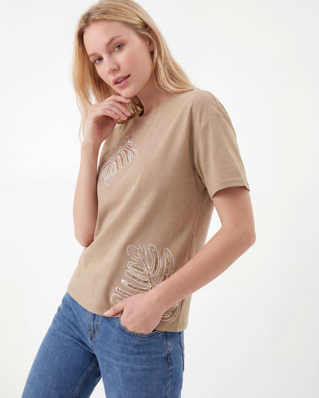 Leaf Embroidered Cotton T-shirt