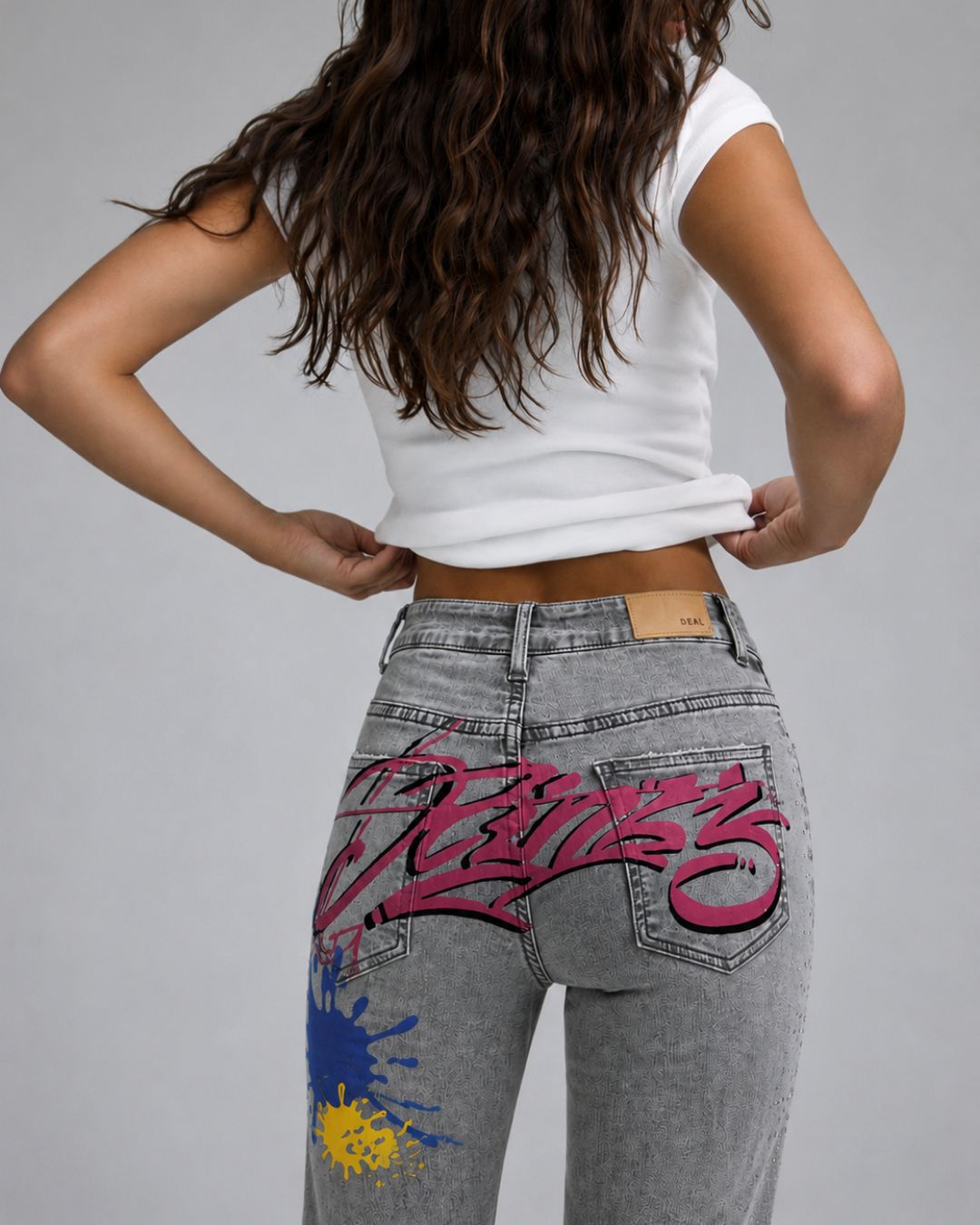 Women's Grey Graffiti Print Straight Fit Jeans with Rhinestone Studs