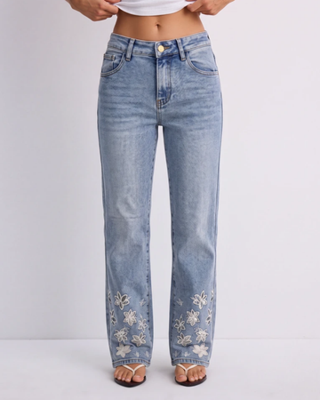 Women's Light Blue Floral Embroidered Straight Fit Jeans