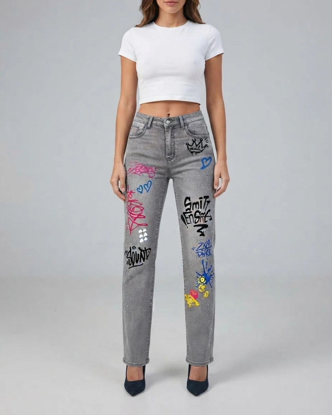 Women's Grey Graffiti Print Straight Fit Jeans with Rhinestone Studs