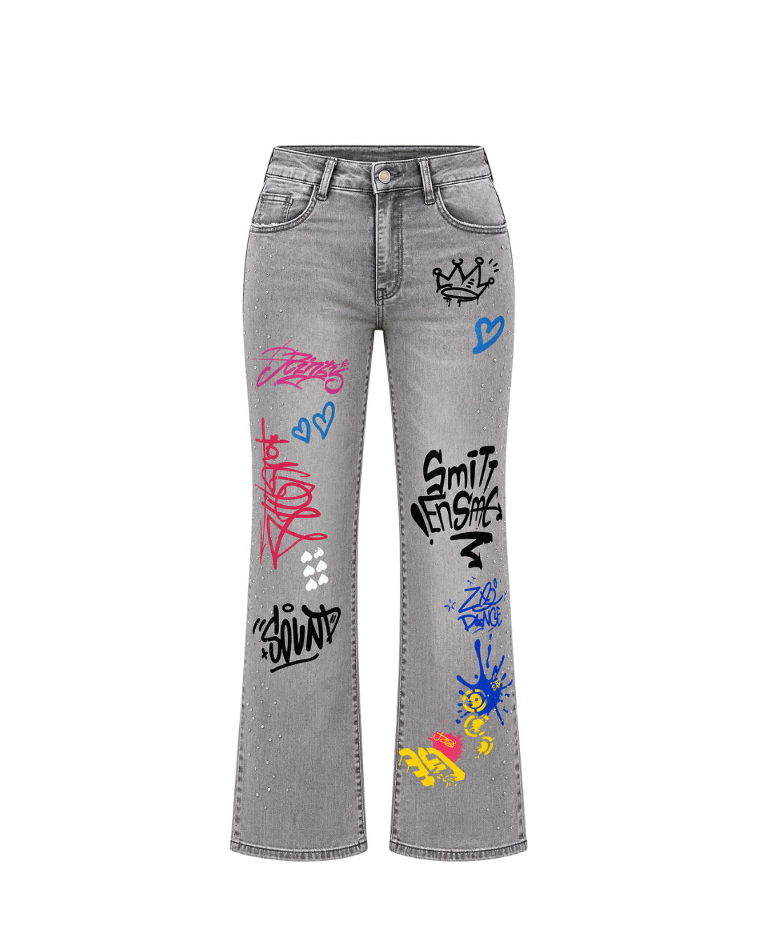 Women's Grey Graffiti Print Straight Fit Jeans with Rhinestone Studs