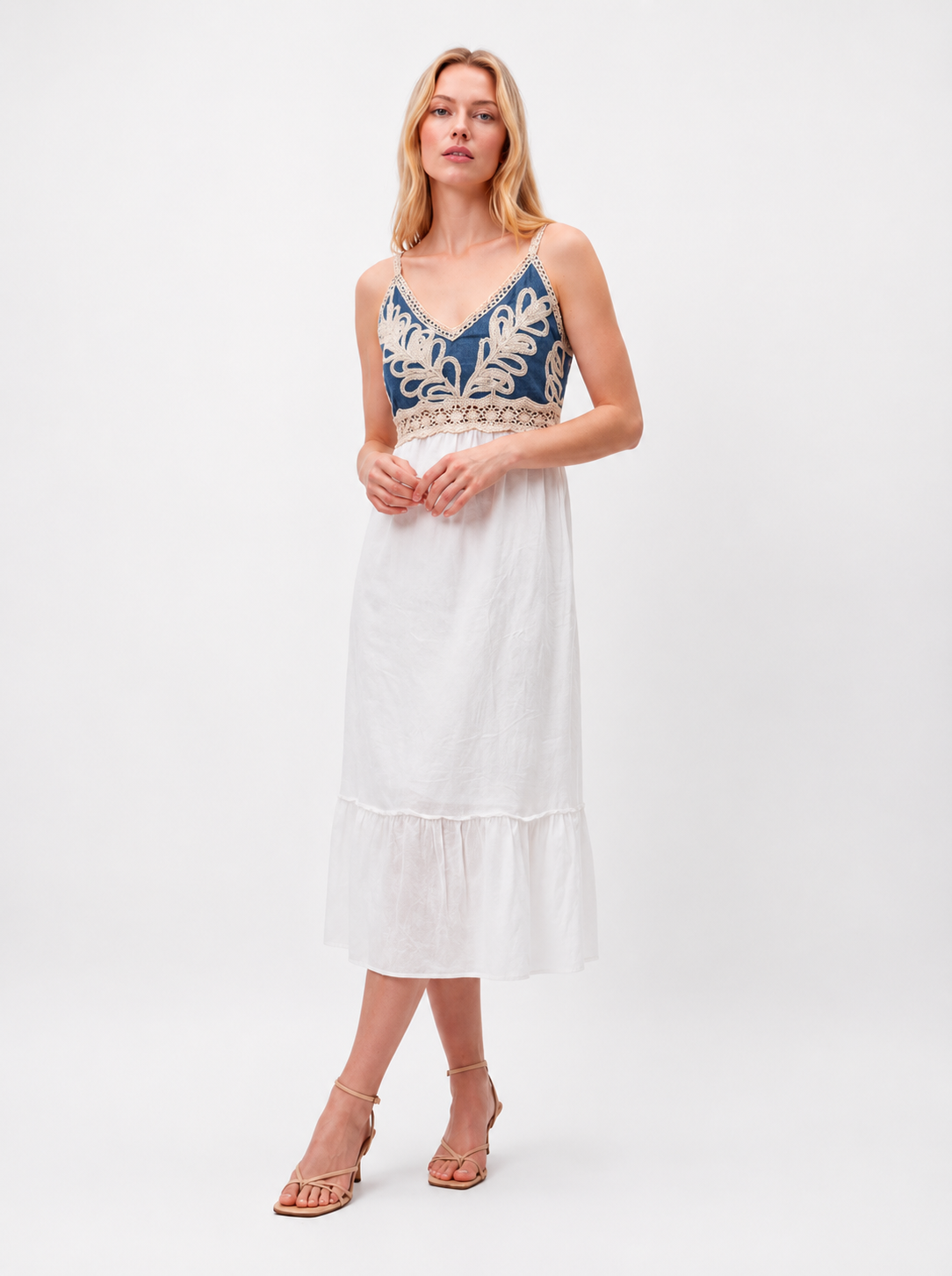Embroidered Smocked Midi Dress
