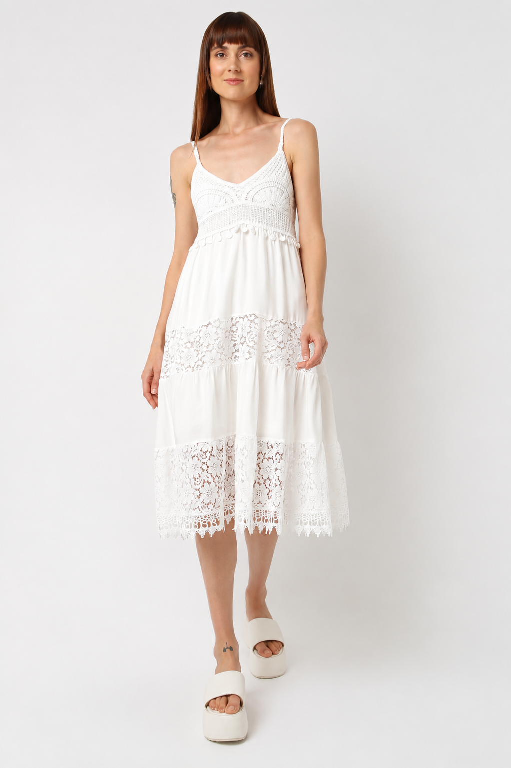 Women's Lace-Detail Midi Dress with Spaghetti Straps