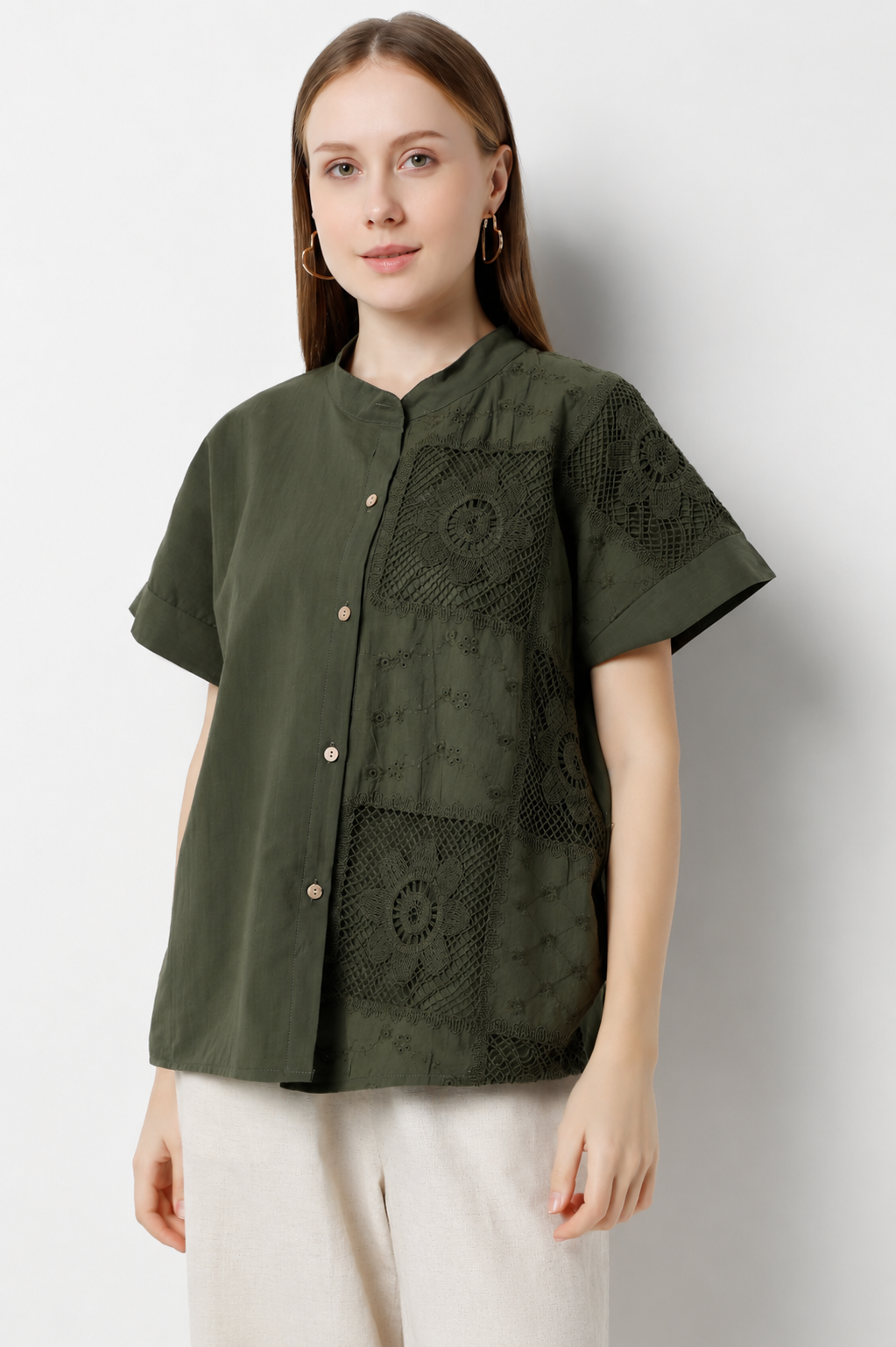 Short-Sleeve Mandarin Collar Shirt