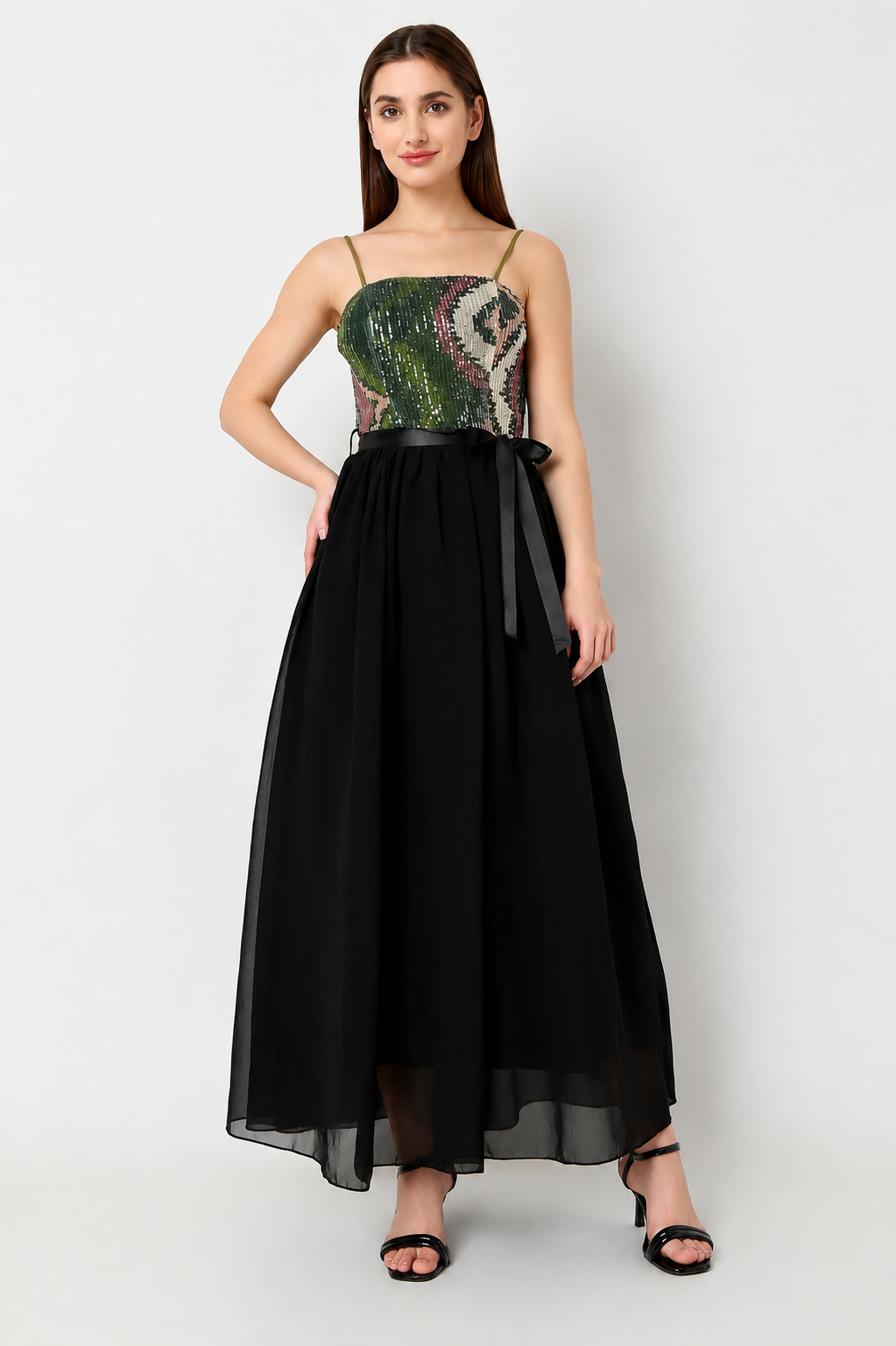 Women's Sleeveless Maxi Dress with Sequin Bodice