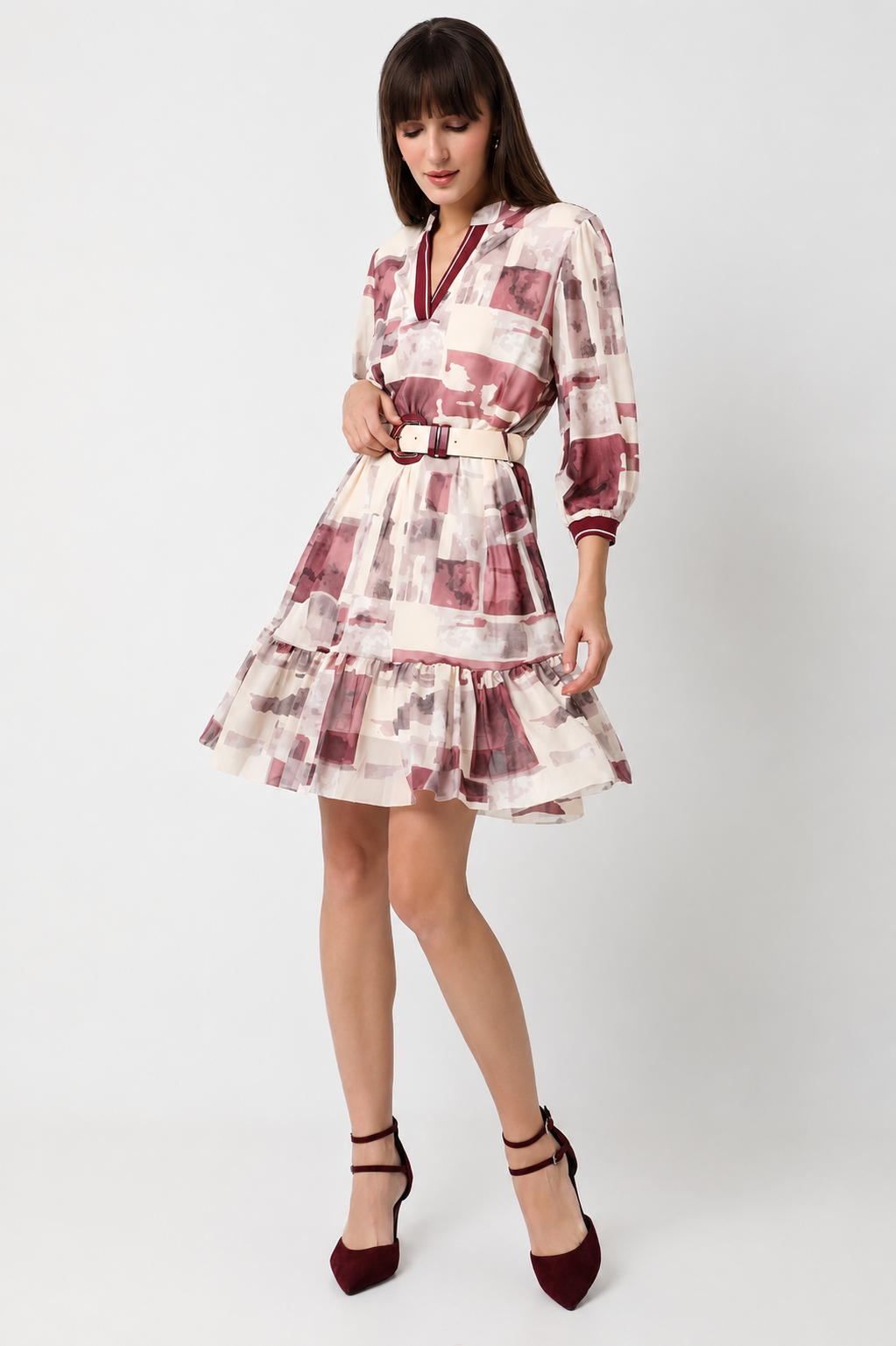 Women's Abstract Print Belted Dress with Puff Sleeves