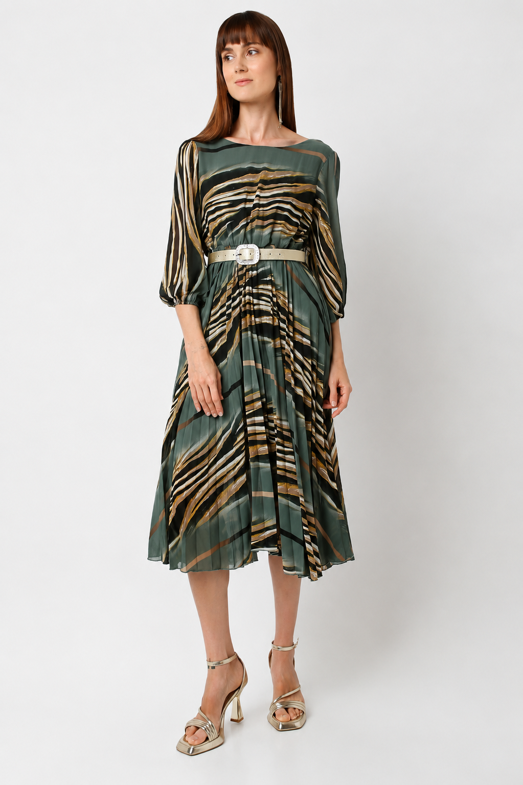 Women's Pleated Midi Dress with Balloon Sleeves