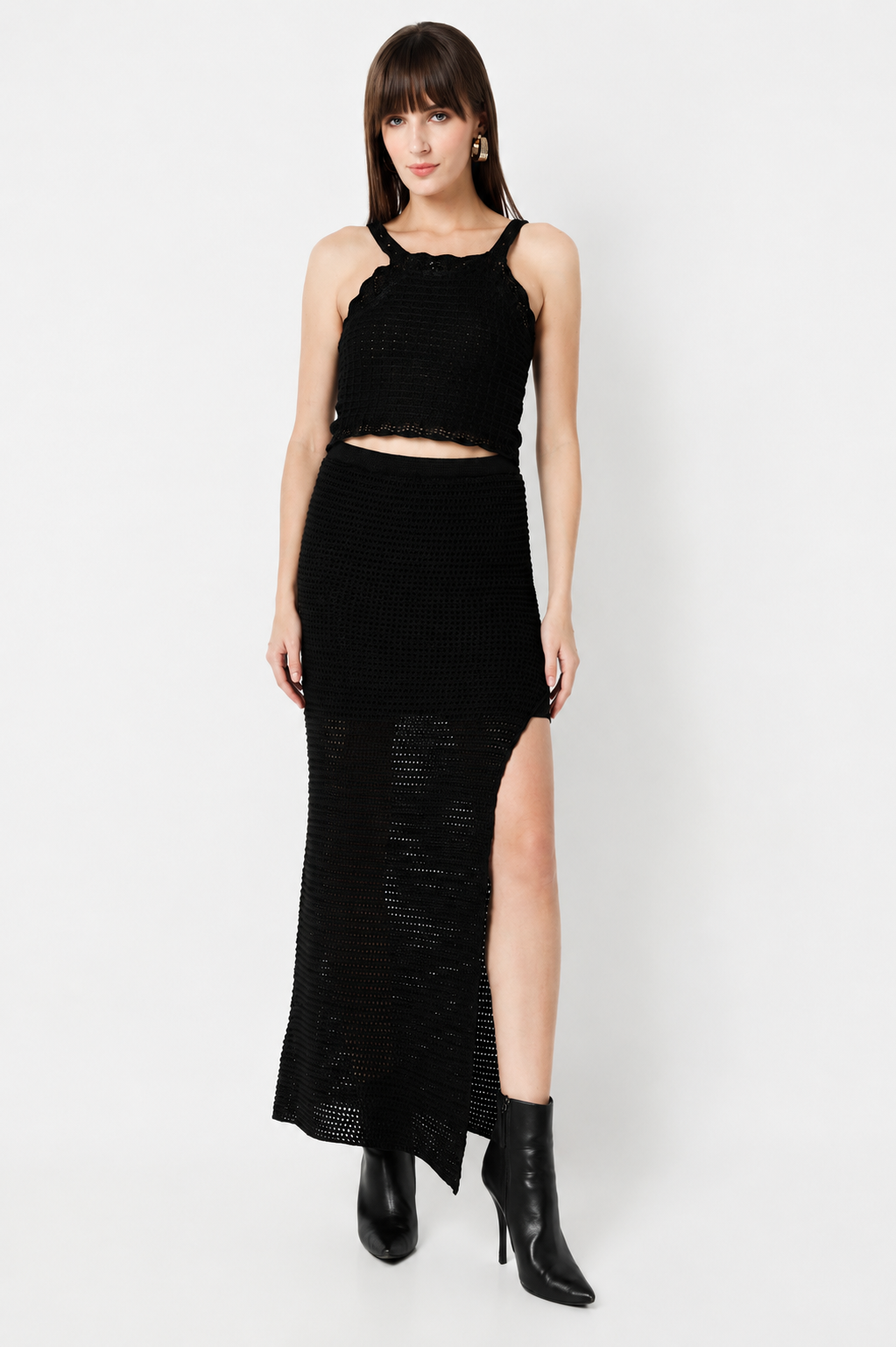 Women’s Knitted Co-Ord Set – Crop Top with High Slit Skirt