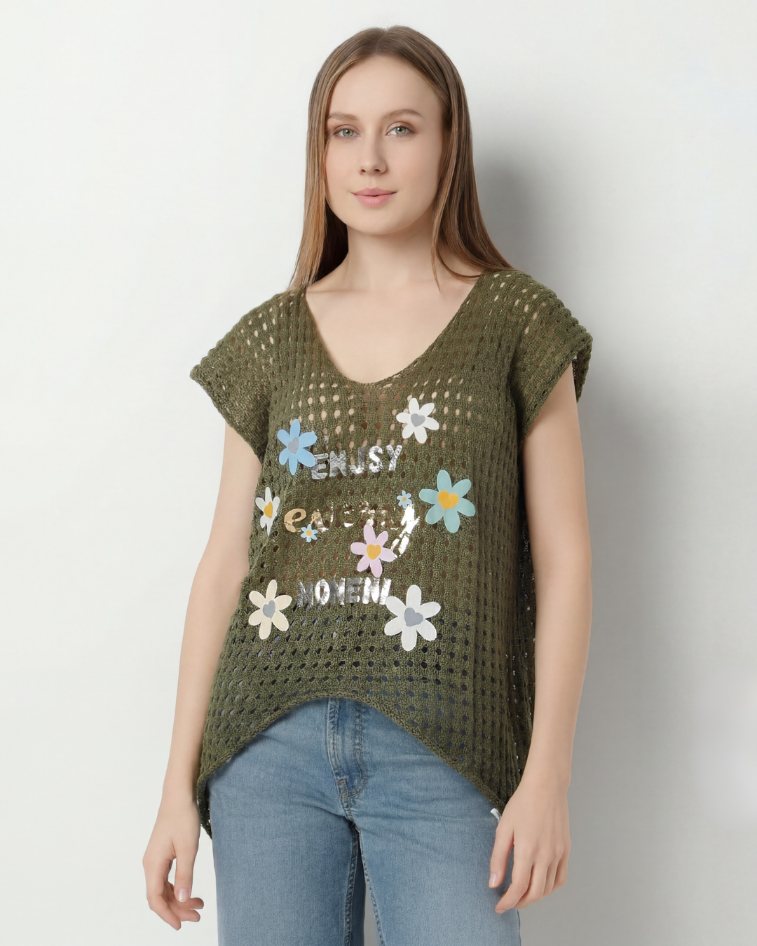 Floral Graphic Mesh Knit Top