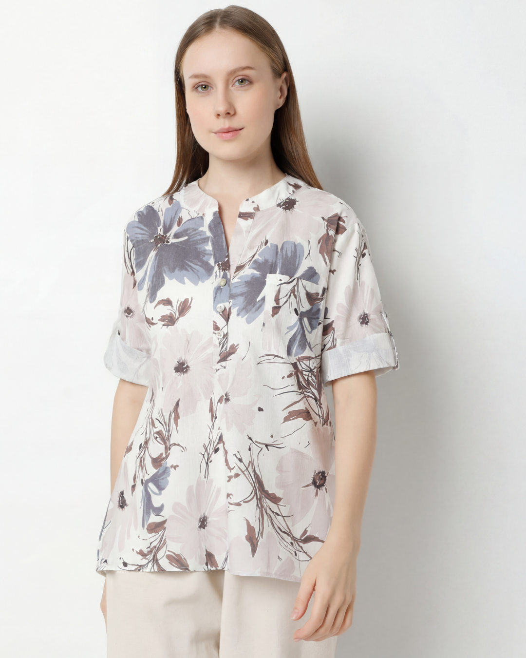 Floral Print Top with Contrast Rolled Cuffs