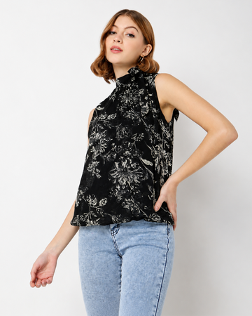 High-Neck Print Top with Self-Tie Bow