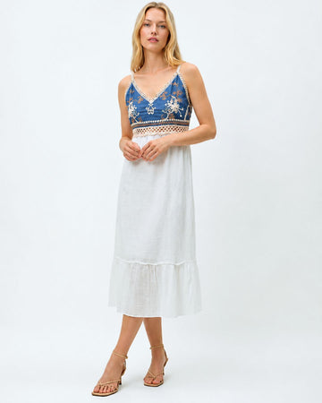 Embroidered Smocked Midi Dress