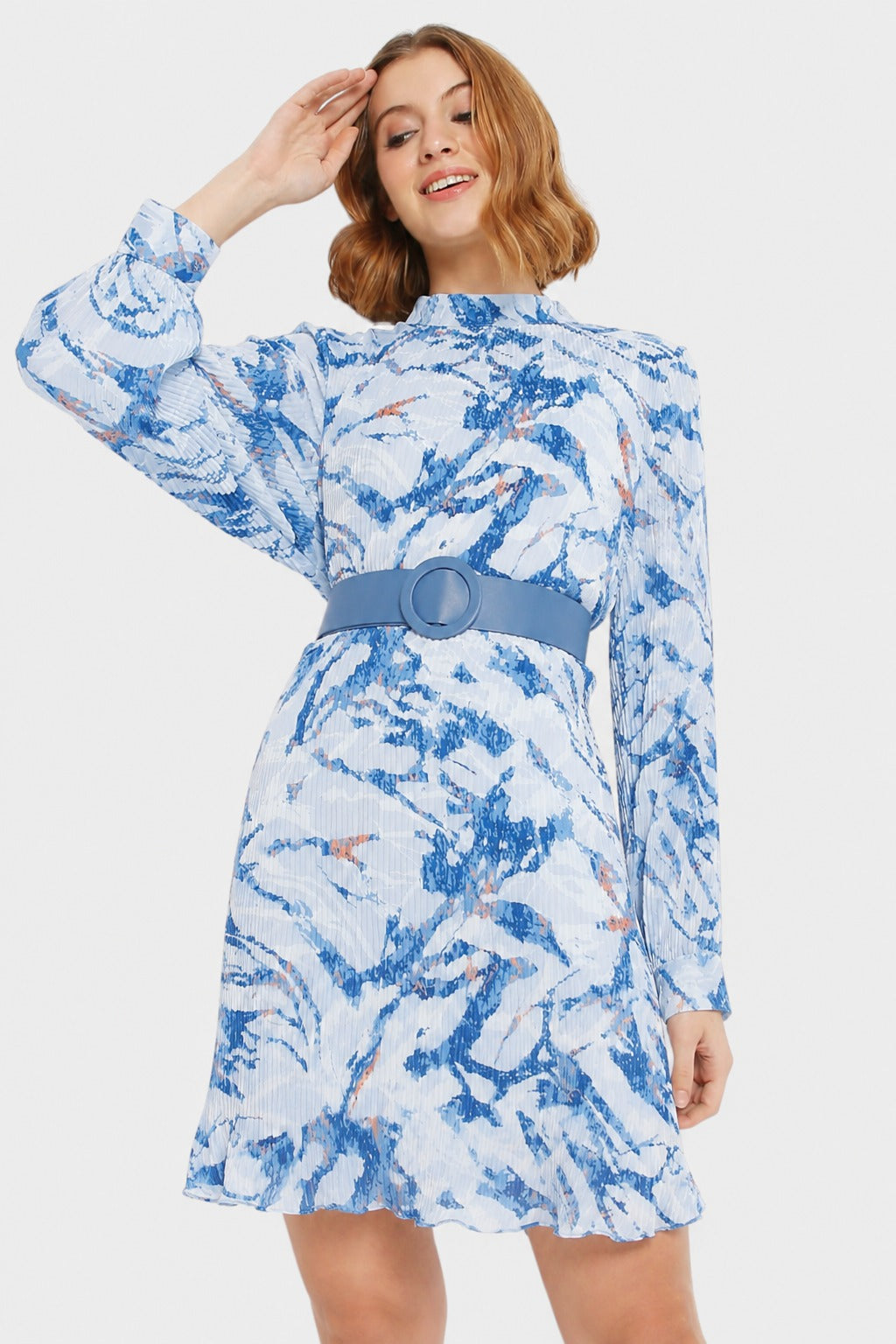 Abstract Floral Pleated Belted Mini Dress